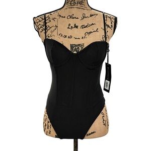 White Fox Boutique Like I Love You Bodysuit Black Mesh Bustier Size Medium NWT
